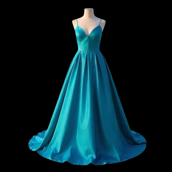 Evening Gown – Blondie Nites – Teal – Satin Ball Gown Lace‑Up Back w/ Pockets 3 - Picture 13 of 16